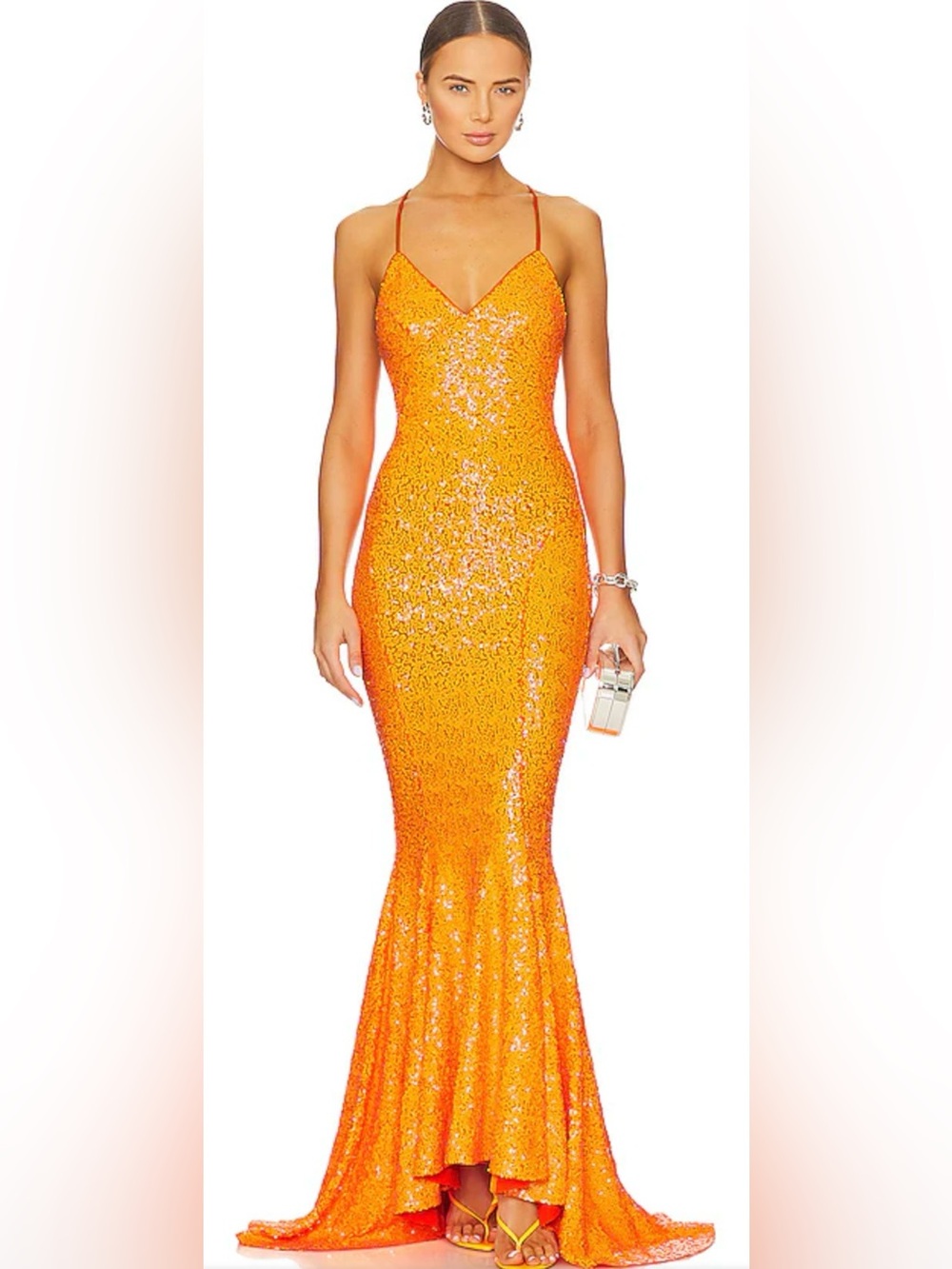 Norma Kamali Neon Orange Sequin Low Back V-Neck Mermaid Maxi Gown Size S